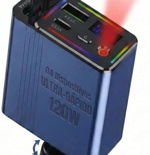 Novo carregador automotivo com cabos retráteis permite carregar dois dispositivos rapidamente com potência de até 120W