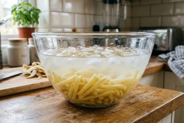 Deixe a batata mergulhar na água fria por meia hora antes da fritura para um preparo perfeito.
