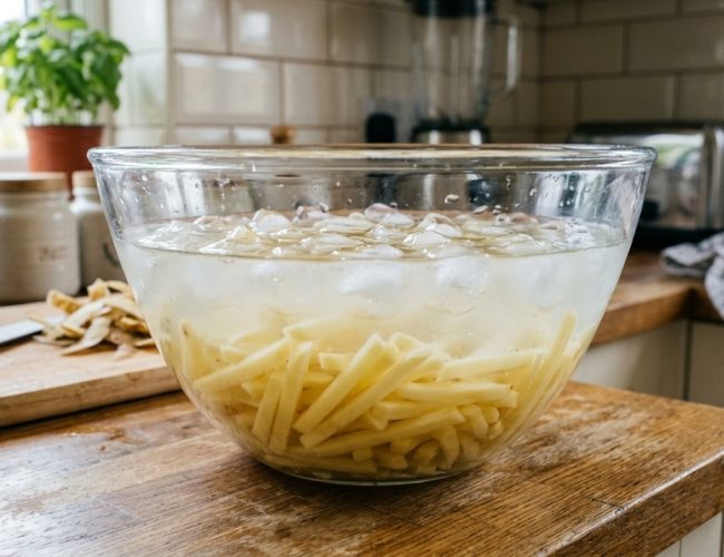 Deixe a batata mergulhar na água fria por meia hora antes da fritura para um preparo perfeito.